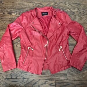 Chouyatou XS Womens red Faux Leather Biker Jacket Asymmetrical Zipper